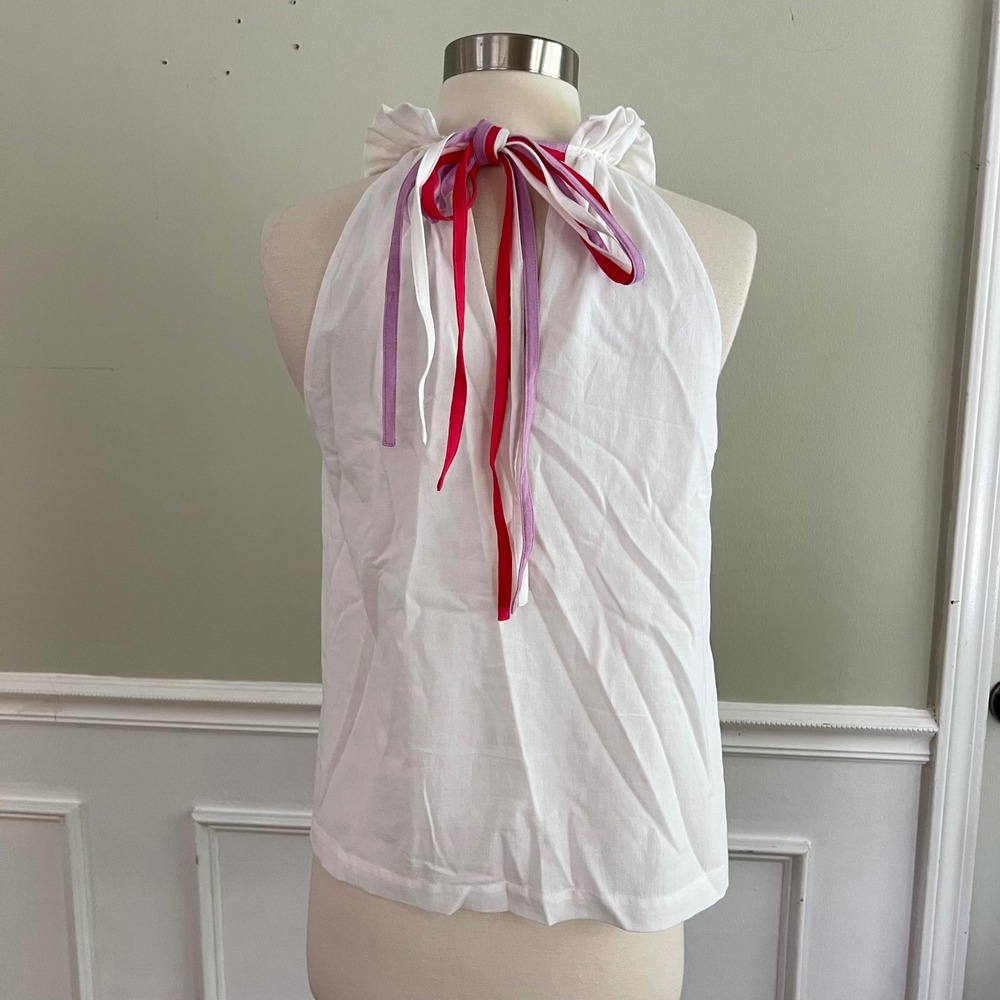 Trina‎ Turk Halter Top Womens XS Ruffle Neck Ribbon Tie Back White Summer Resort